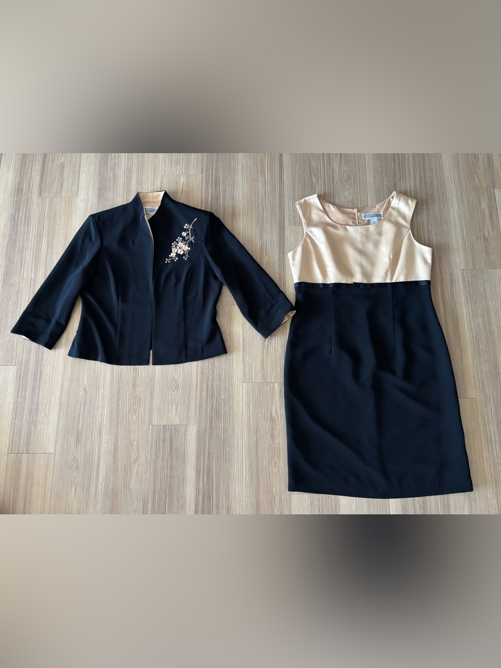 VTG 90s Jessica Howard Jacket Dress Set Black Champagne 14 Elegant Formal Church